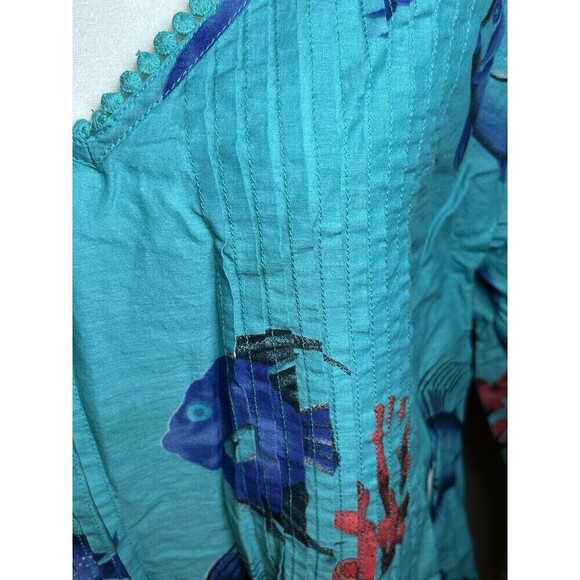 Soft Surroundings Seychelles Ocean Fish Print Pleated Beaded Tunic Top Size PL - Picture 2 of 9